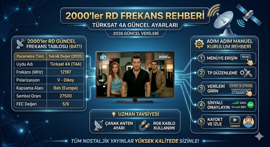 2000'ler RD frekans 2026 güncel Türksat 4A uydu ayarları ve manuel kanal kurulum rehberi tablosu