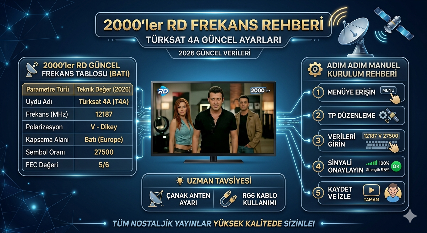 2000'ler RD frekans 2026 güncel Türksat 4A uydu ayarları ve manuel kanal kurulum rehberi tablosu