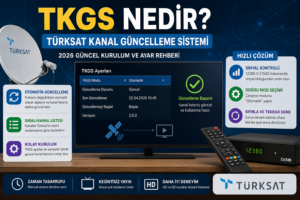 TKGS Nedir? Türksat Kanal Güncelleme Sistemi (2026 Ayarları) - Kanalfrekanslari.com TKGS menüsü açık televizyon ekranı, Türksat kanal güncelleme sistemi ayarları ve otomatik kanal güncelleme arayüzü 2026