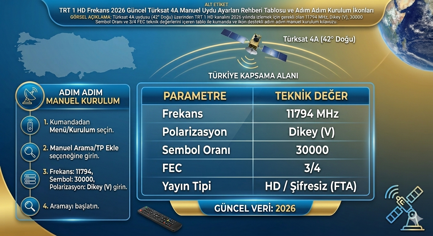 trt 1 hd frekans 2026 güncel türksat 4a uydu ayarları ve manuel kanal kurulum rehberi tablosu