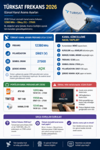Türksat frekans 2026 kanal arama ayarları 12380 MHz dikey V 27500 sembol oranı ile uydu kurulumu infografiği
